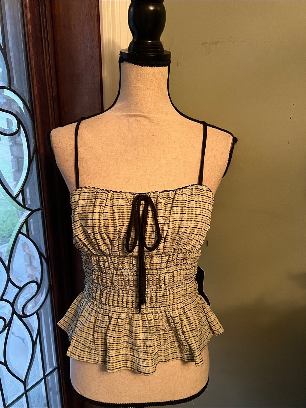 Smocked Peplum Cami Top with Tie - Black and Cream Check